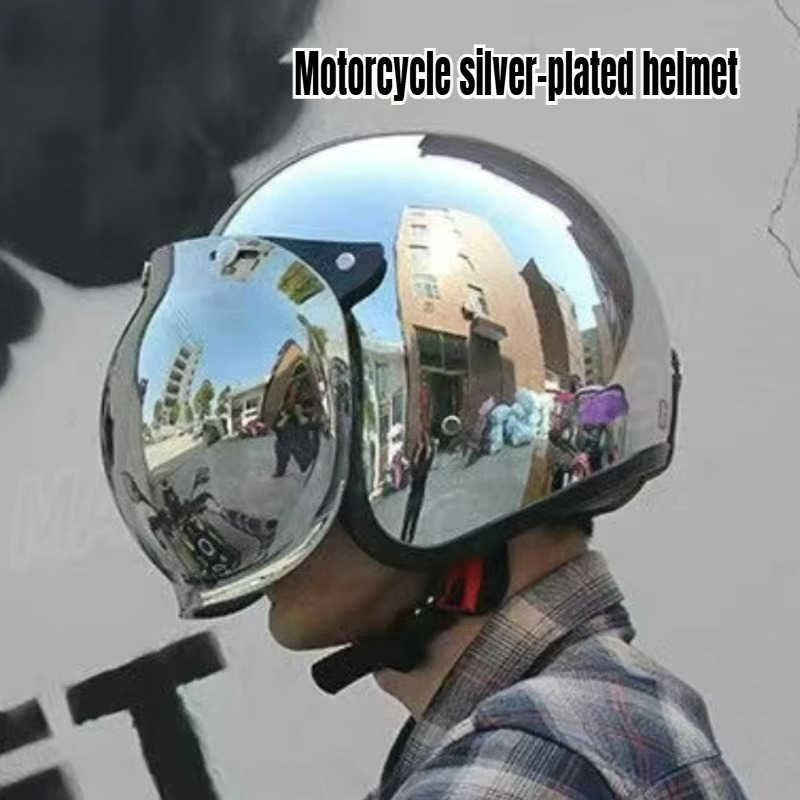 Vintage Open Face Retro Helmet - หมวกกันน็อคมอเตอร์ไซค์สไตล์เรโทร ดีไซน์เปิดหน้า ชุบเงิน ไม่เหมือนใคร หมวกกันน็อคโครเมียมวินเทจ หมวกกันน็อคเจ็ทสีเงิน